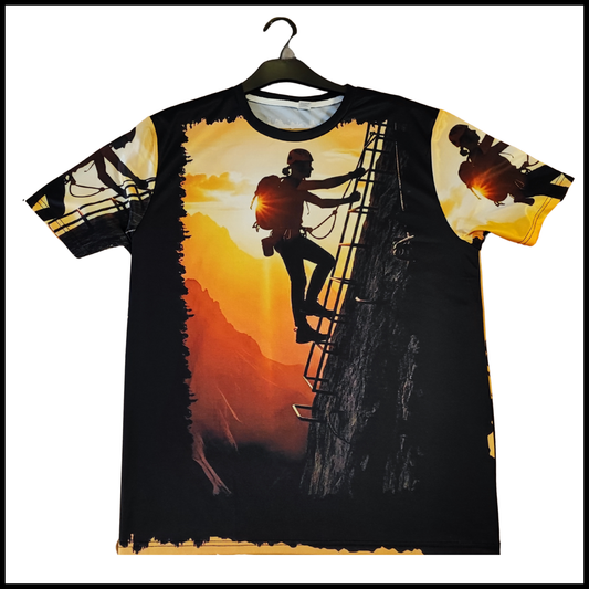 Via ferrata t-shirt with climber at sunset, Munro Mental outdoor collection-front view
