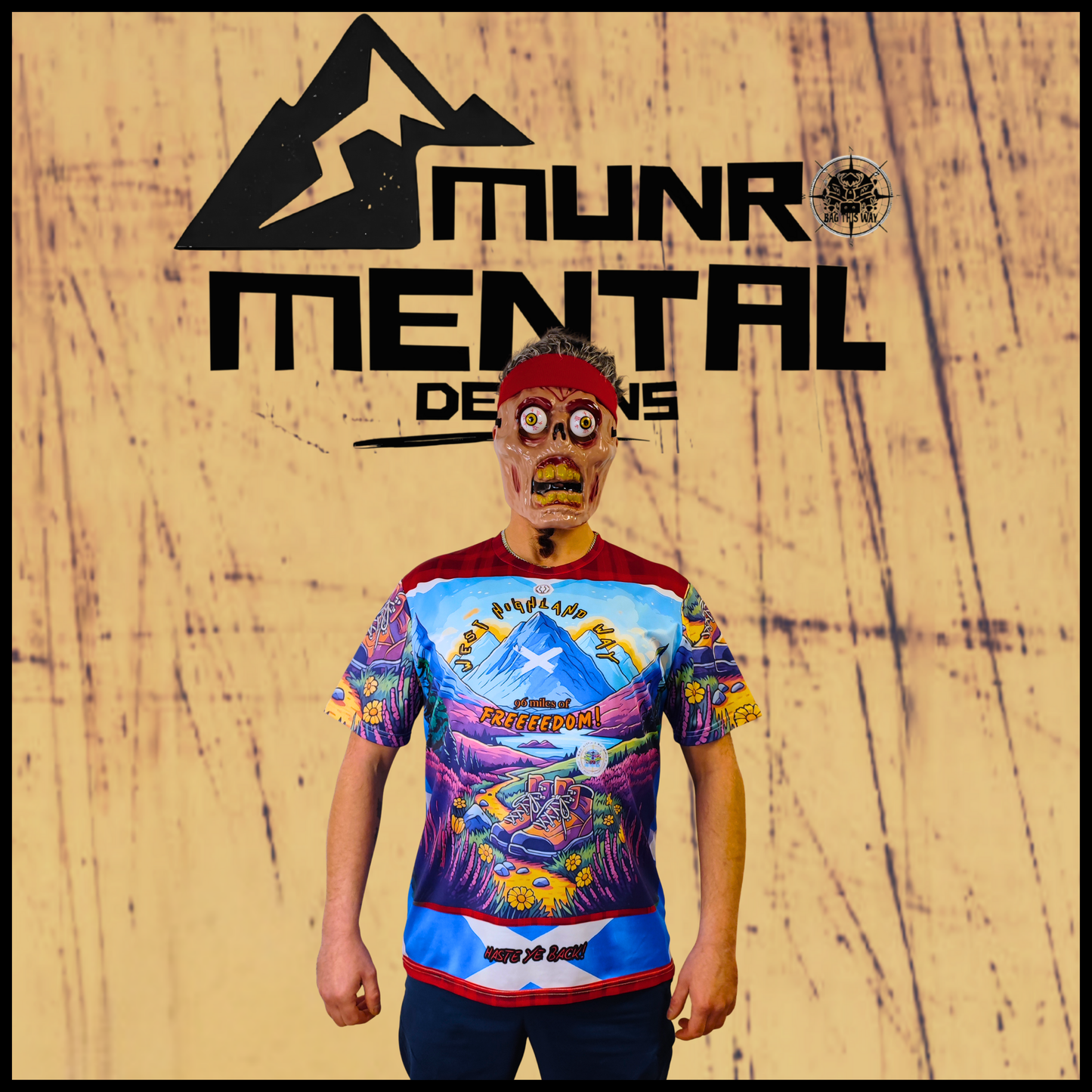 Munro Mental “96 Miles of Freedom ” t-shirt – West Highland Way collection, model front view
