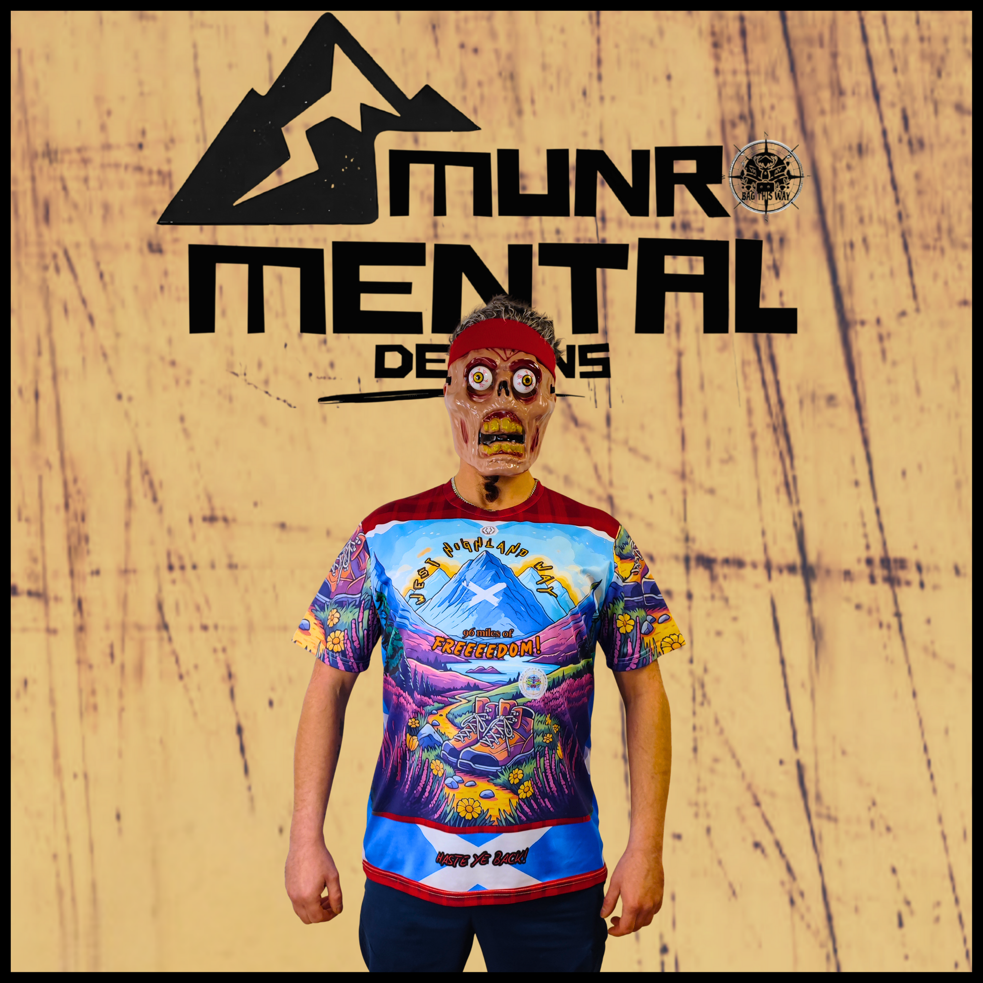 Munro Mental “96 Miles of Freedom ” t-shirt – West Highland Way collection, model front view
